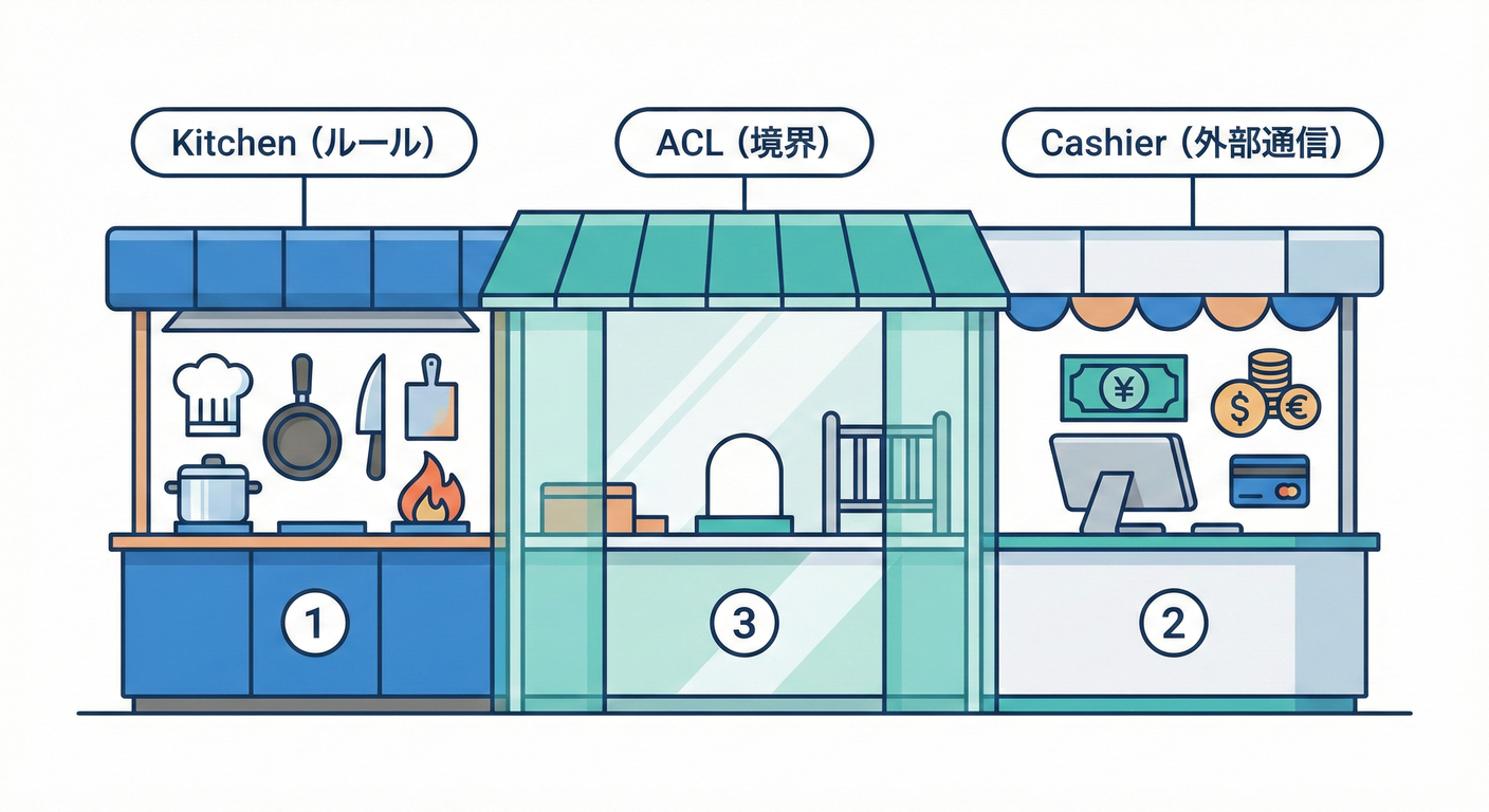 イメージ：学園祭の屋台（役割の分離）