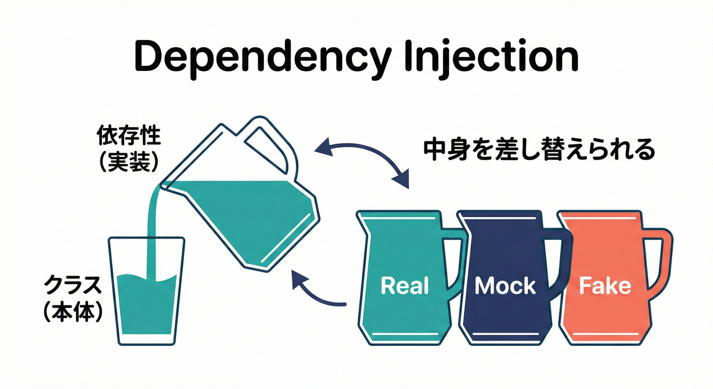 DI（依存性の注入）：外から中身を注ぐことで、部品の交換を容易にする