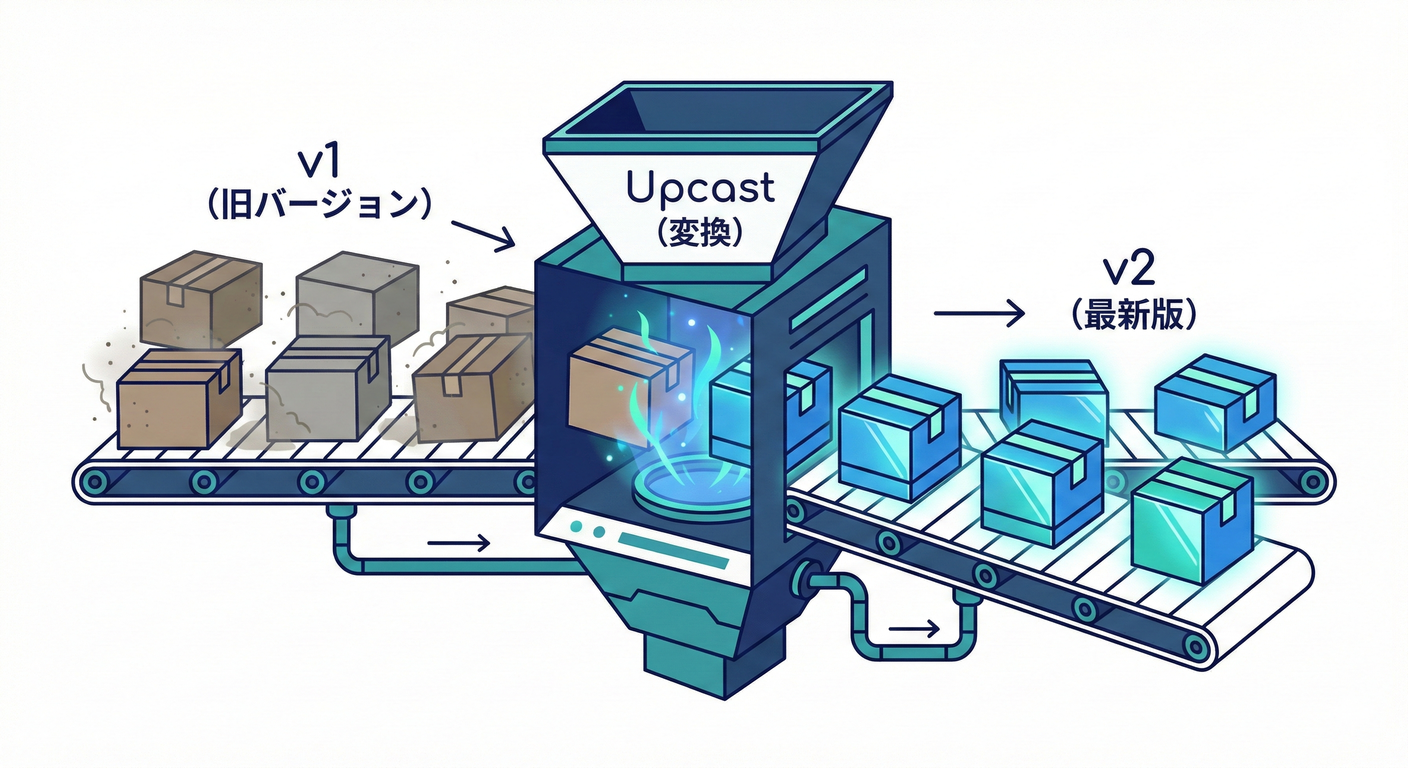 Upcast（アップキャスト）：古いバージョンのイベントを読み込み時に新しい形へ変換する