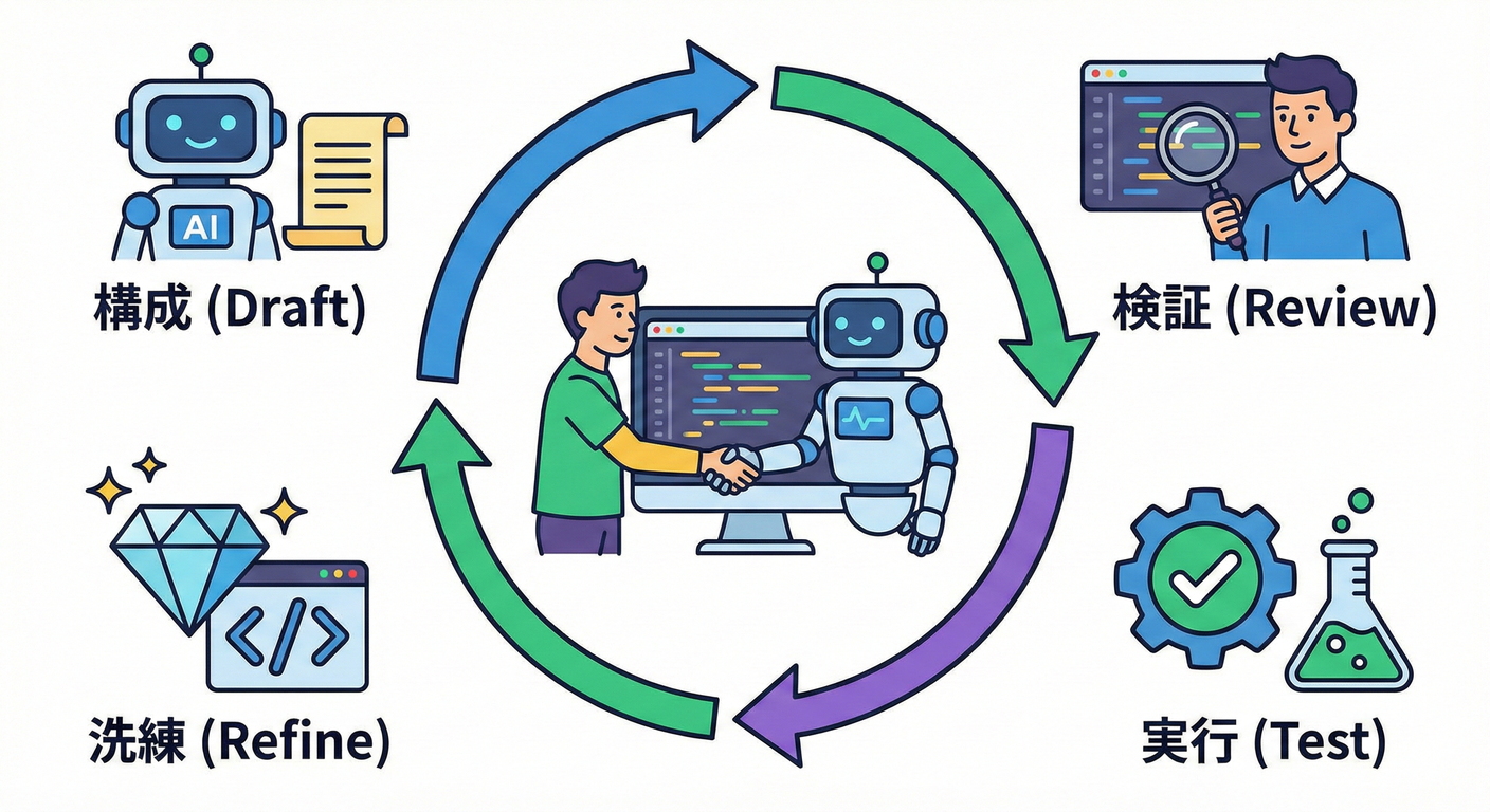 AIとの協業フロー：Draft -> Review -> Test -> Refine