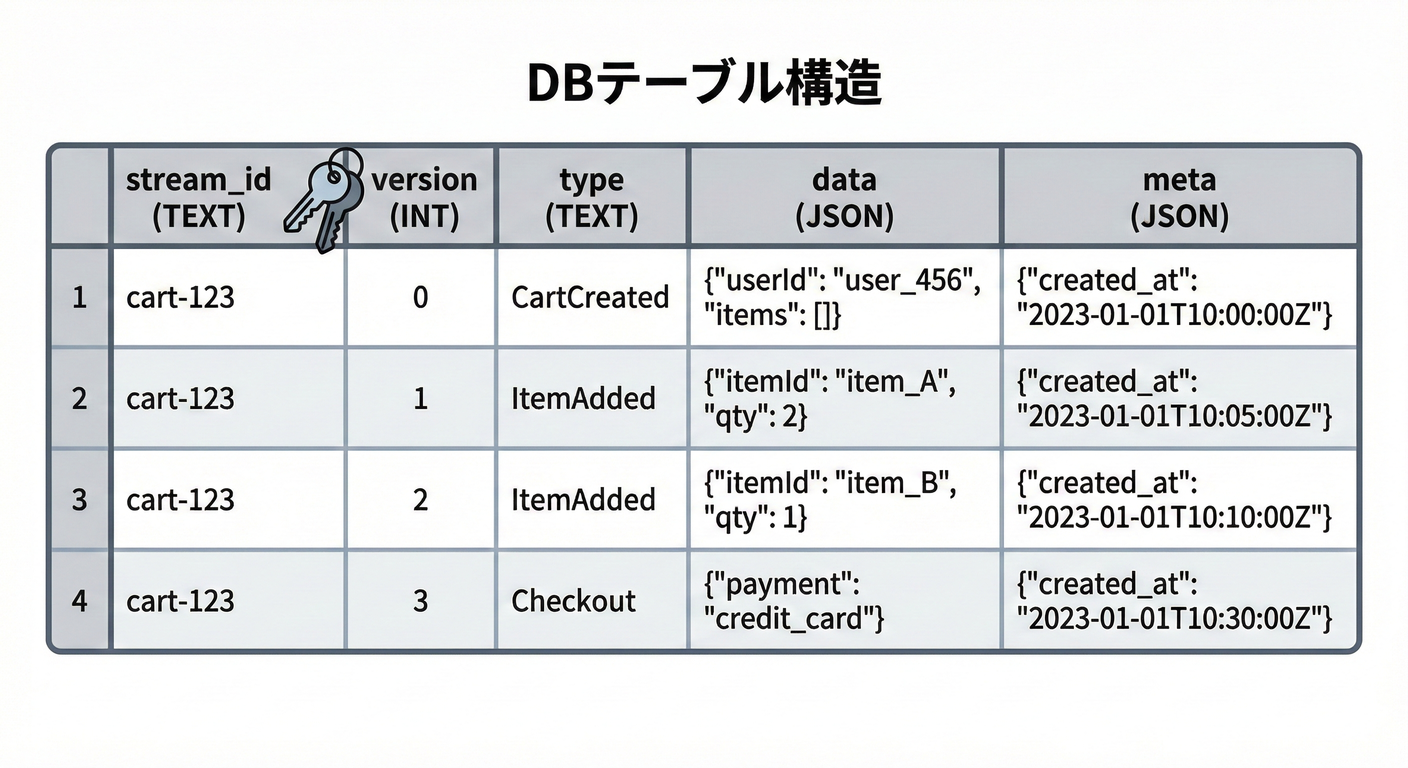 EventStoreの内部テーブル構造：stream_id, version, type, data, meta