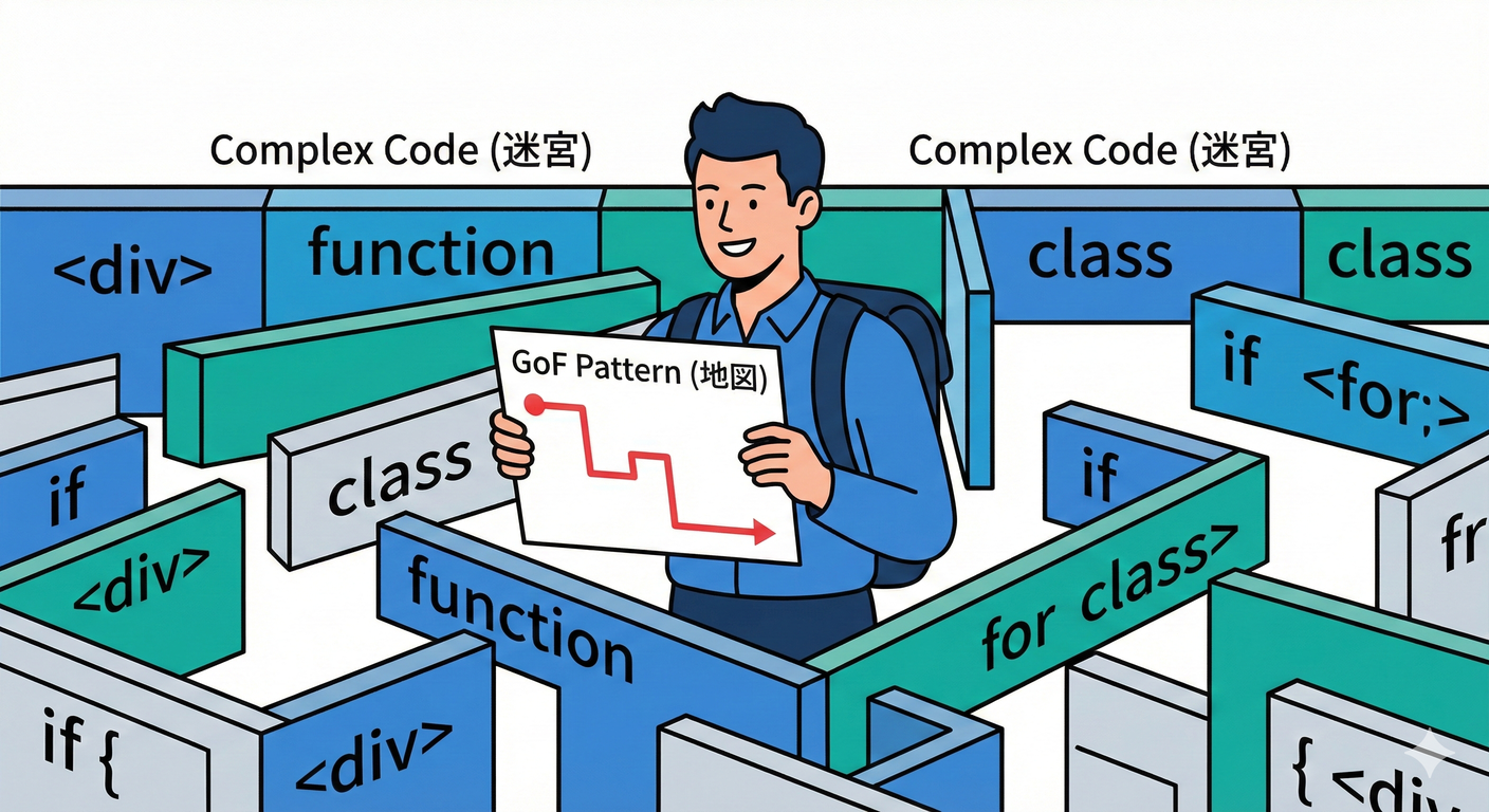 迷路のようなコードの中で地図（GoF）を持つ様子。
