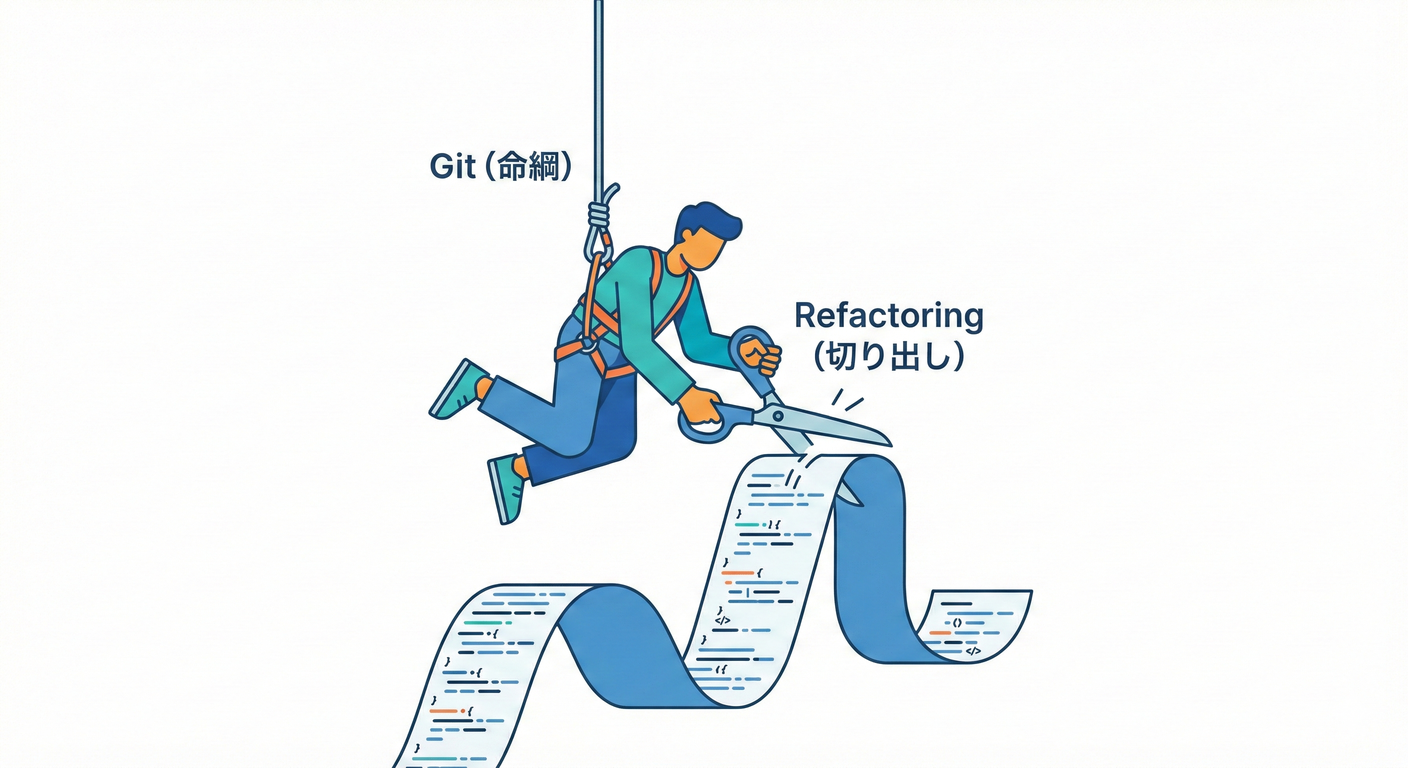 ハサミでコードを切り出す様子と、命綱(Git)。