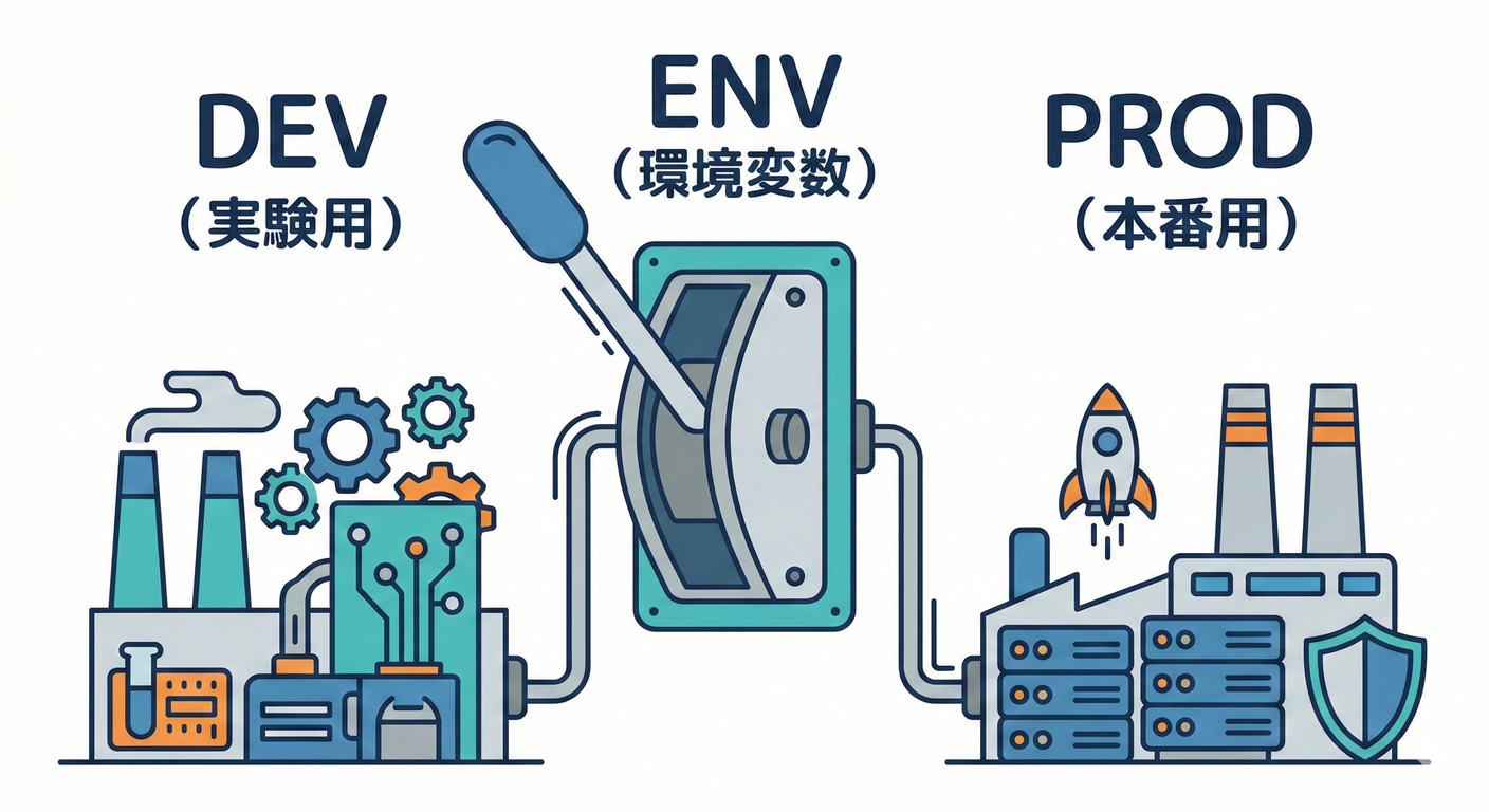 環境変数のスイッチでFactoryが切り替わる。