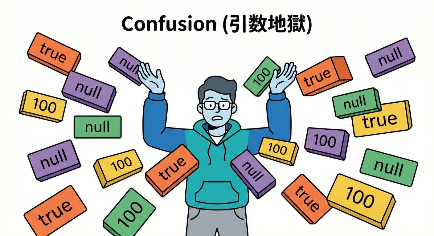 引数が多すぎて混乱する様子(true, false, 1, null...)。