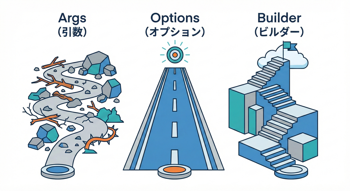 3つの手法（引数、オプション、Builder）の比較。