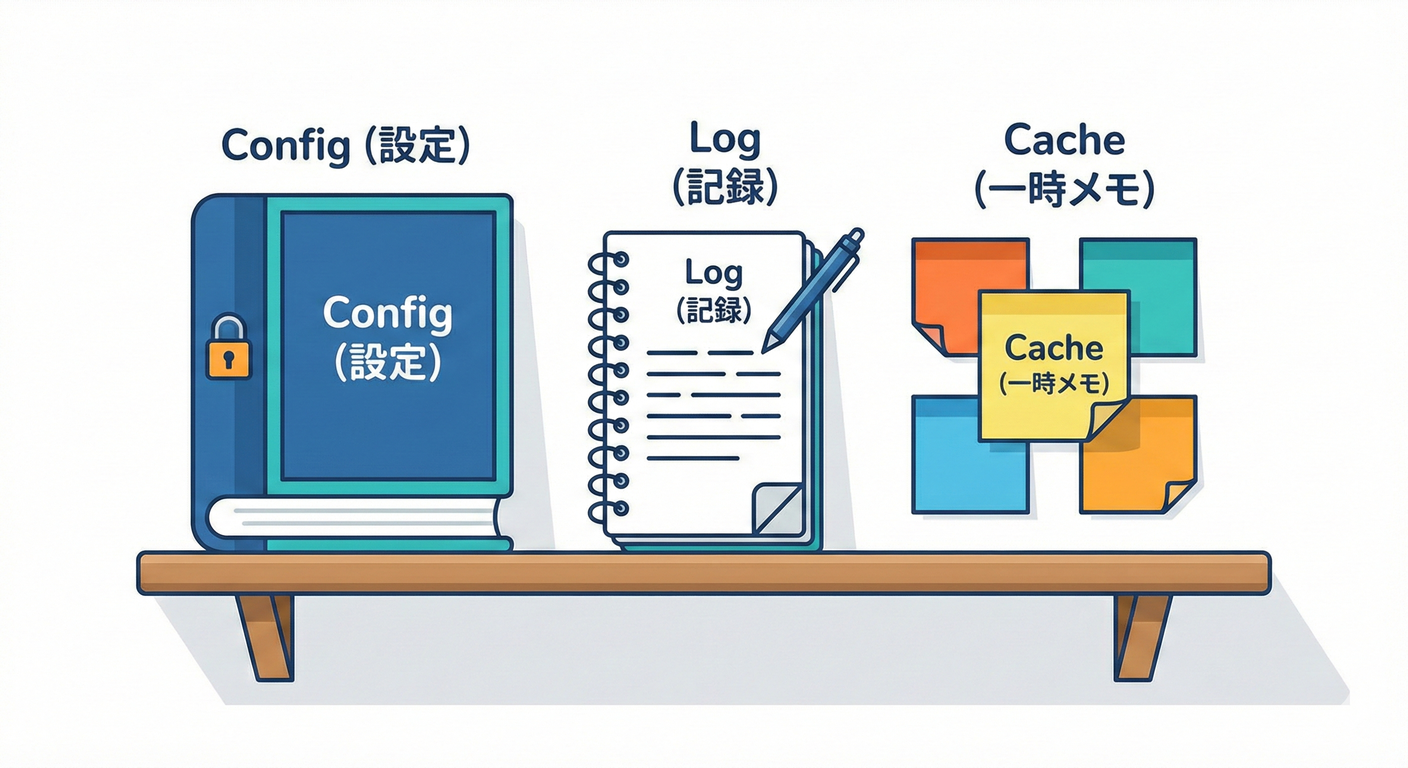 共有リソースの整理(Config, Log, Cache)。