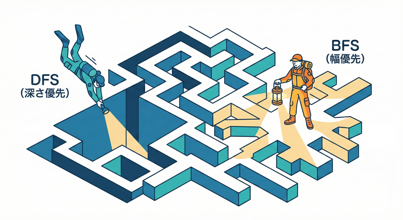 DFS(深さ優先)とBFS(幅優先)の探査イメージ。